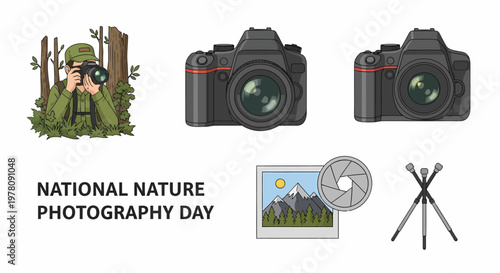 Graphics showing a nature photographer cameras a landscape photo a camera aperture and a tripod