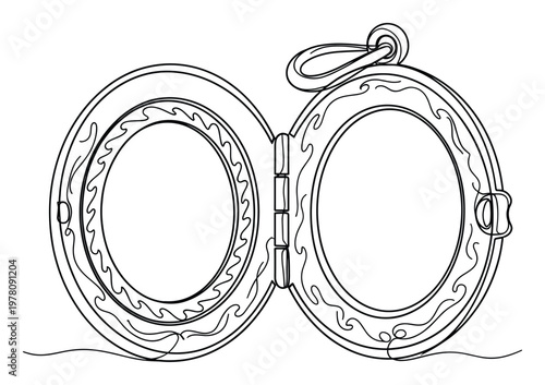 Outline drawing of an open locket pendant with decorative wavy edges and inner photo frames, perfect for personalized jewelry, sentimental gift ideas, or engaging coloring page activities.