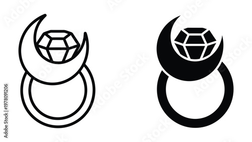 Contrasting symbols of duality featuring gemstone and crescent moon motifs