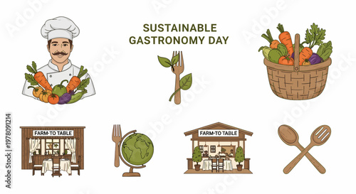 Icons representing Sustainable Gastronomy Day featuring a chef farm produce restaurant scenes and cutlery