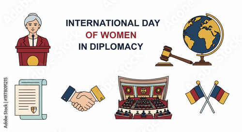 Icons themed for the International Day of Women in Diplomacy including a speaker globe gavel handshake and hall
