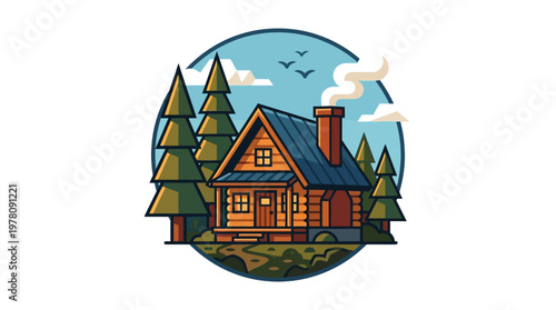 Wooden house with blue roof.