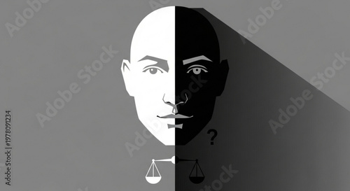 Man face split in half with light and dark sides scales and question mark symbolizing justice and uncertainty