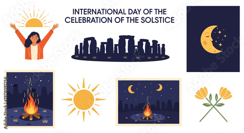 Illustrated icons of solstice celebrations including a woman Stonehenge moon sun bonfires and flowers