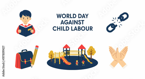 Illustration of educational and freedom symbols for World Day Against Child Labour with a boy reading and broken chains
