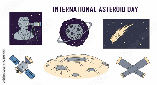 Illustration set for International Asteroid Day featuring space equipment a cratered surface and a comet