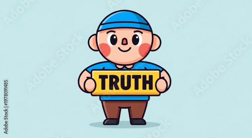 Smiling cartoon character holding a yellow sign with the word truth on a light blue background
