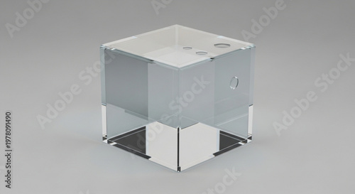 3d rendering of a sleek modern glass and metal cube shaped object on a reflective surface
