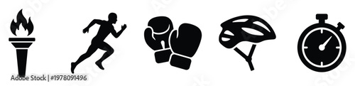 Set of sports and competition vector icons featuring Olympic torch runner boxing gloves cycling helmet stopwatch for athletic events and fitness applications.