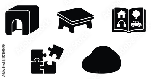 Collection of childrens play and learning icons featuring a tunnel, stool, book with symbols, puzzle pieces, and a beanbag, perfect for educational materials and kidfriendly designs