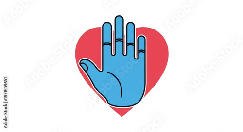 Blue hand gesture with palm facing outward in front of a red heart on white background symbolizing rejection or refusal with a touch of love and care