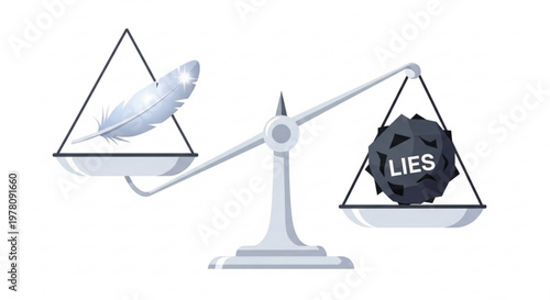 Scales of truth with feather and lie on balance symbolizing honesty versus deception in justice system