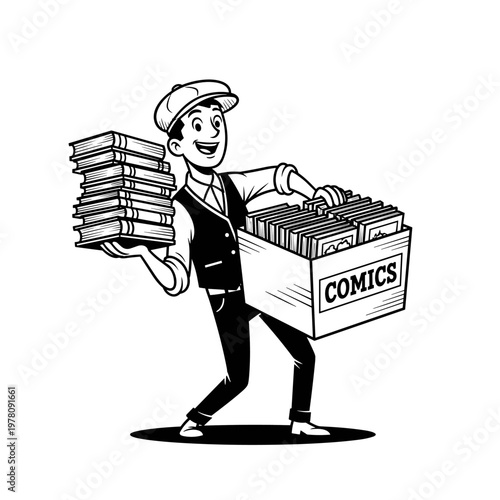 Man carrying a box of comics and stack of books.