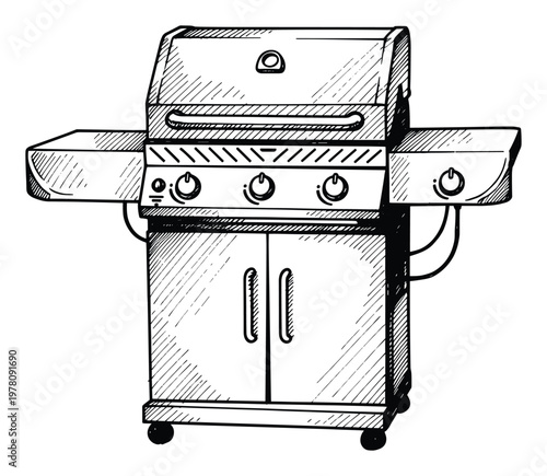 Hand drawn monochrome line art illustration of a portable propane gas barbecue grill station ideal for restaurant menus food packaging and summer cooking event promotions.
