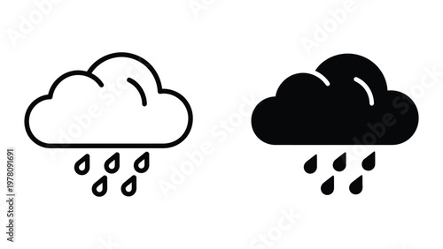 Comparison of light and heavy rainfall depicted by cloud icons with raindrops