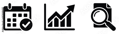 Comprehensive business icons for scheduling appointments, tracking financial growth, and analyzing important data or reports, ideal for professional presentations and applications