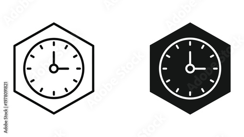 Contrasting clock designs within hexagonal borders showcasing light and dark themes