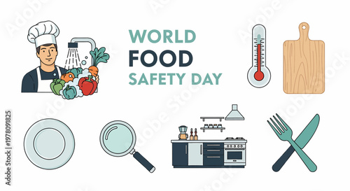 Infographic for World Food Safety Day featuring a chef kitchen tools and cooking icons