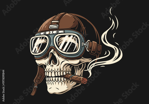 Vintage Pilot Skull Smoking Cigar Wearing Goggles.