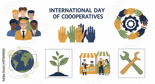 International Day of Cooperatives illustration with people raised hands globe plant market stalls and tools