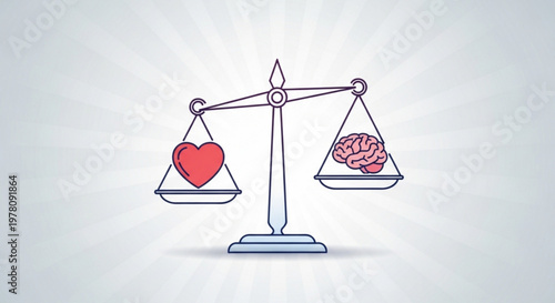 Heart and brain balancing on scales symbolizing emotions vs logic with a red heart and pink brain on a simple modern scale against a light background with sunburst effect