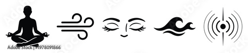 Black silhouette icons representing mindful meditation, natural elements of air and water, peaceful closed eyes, and resonant sound waves, perfect for holistic health and spiritual wellness
