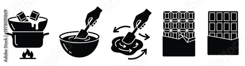 Chocolate preparation process represented by a series of icons, illustrating melting, tempering, and readytoeat chocolate bars, useful for culinary instructions, dessert recipes, and food