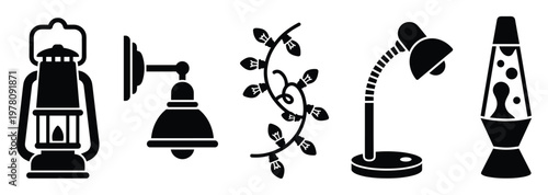 Diverse assortment of indoor and outdoor lighting solutions such as a traditional lantern, modern wall sconce, festive string lights, flexible desk lamp, and unique lava lamp, perfect for