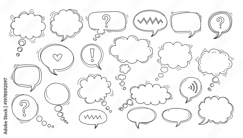 Fototapeta premium Hand drawn doodle speech bubbles and thought clouds featuring various shapes and symbols for expressing communication concepts, perfect for graphic design projects and digital messaging