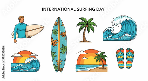 International Surfing Day graphics featuring a surfer patterned surfboards palm trees waves sandals and sunsets