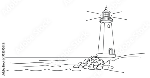 Line drawing depicting a guiding lighthouse standing firmly on a rocky shore beside tranquil ocean waves, perfect for maritime themes, coastal projects, or navigation concepts
