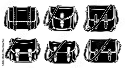 Collection of Six Vintage Leather Satchel Bags in Black and White Illustration.