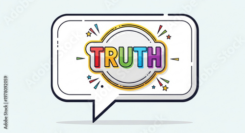 Vibrant speech bubble with colorful 'truth' text and starburst design elements on white background