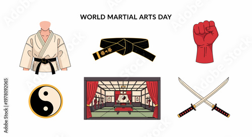 Martial artsthemed graphic with a gi belt fist yinyang symbol dojo interior and crossed katanas