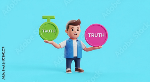 Cartoon man holding green stopwatch and pink circle with 'truth' on both symbolizing honesty and accuracy in a playful way against a light blue background
