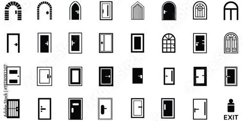 Door Icon Set Featuring Open, Closed and Ajar Door Symbols with Login, Logout, Register, Password, Key, Lock, Exit and VIP Entrance Icons, Editable Stroke Vector Illustration