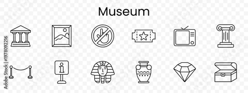 Museum set icon. Museum, painting, nophoto, ticket, audioguide, column, barrier, info, pharaoh, amphora, diamond, chest, exhibition, gallery, history, archaeology, culture