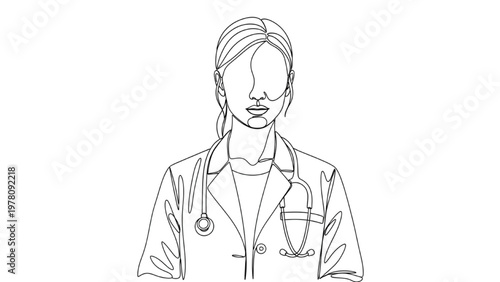 Female Doctor Portrait Line Art – Medical Professional with Stethoscope Healthcare Illustration Minimal Outline