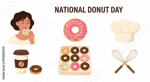 National Donut Day illustration with a woman eating donuts a chef hat coffee and whisks on a white background