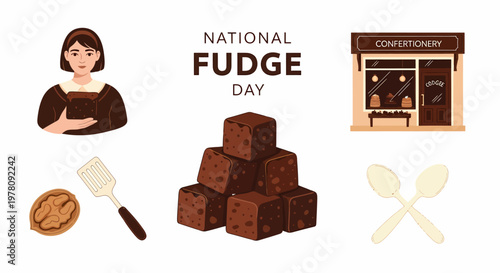 National Fudge Day illustration with fudge a woman a shop and baking tools on a white background
