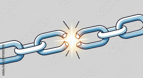 Breaking chain link with spark symbolizing freedom and strength on gray background