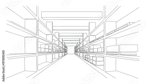 Long warehouse aisle with multiple storage shelves filled with various boxes extending into the distance, perfect for depicting business logistics and supply chain operations