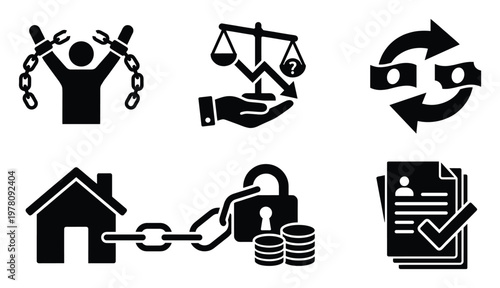 Collection of financial and legal glyph icons illustrating concepts like debt, risk, money exchange, housing collateral, and document approval, perfect for business and economic analyses