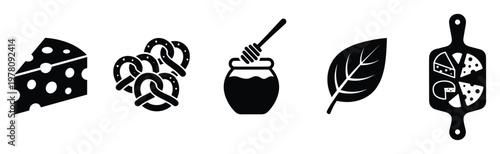 Culinary graphic set displaying cheese wedge, pretzels, honey pot with dipper, green leaf, and cheese serving board ideal for food blogs and restaurant menus