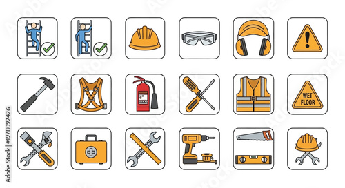 Construction safety icons and tools.