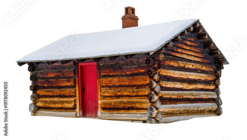 Konstfotografi Rustic wooden log cabin with red door and snow-covered roof