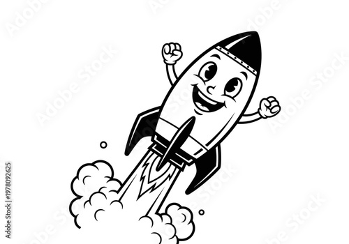 Happy Cartoon Rocket Ship Launching into Space.