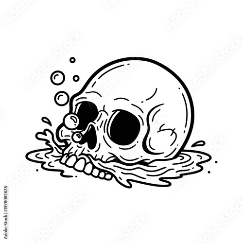Drowning Skull Emerging from Water with Bubbles.