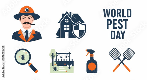 Pest control illustration set with officer house shield magnifying glass bugs spray bottle and fly swatters