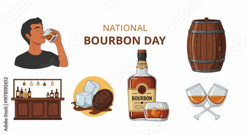 Set of bourbonthemed vector illustrations featuring a man drinking a bottle glasses a barrel and bar scene